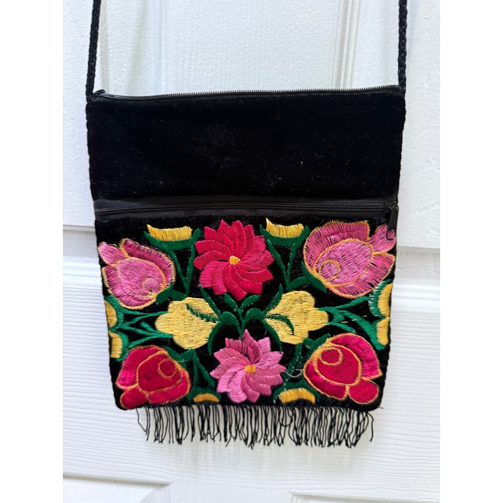 Handmade Mexican Floral Embroidered Crossbody Bag Black Boho Fringe